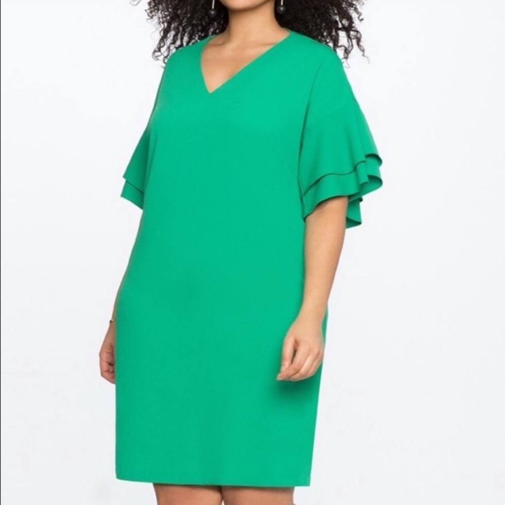 New ELOQUII Green Flutter Sleeve V-Neck Dress 22
